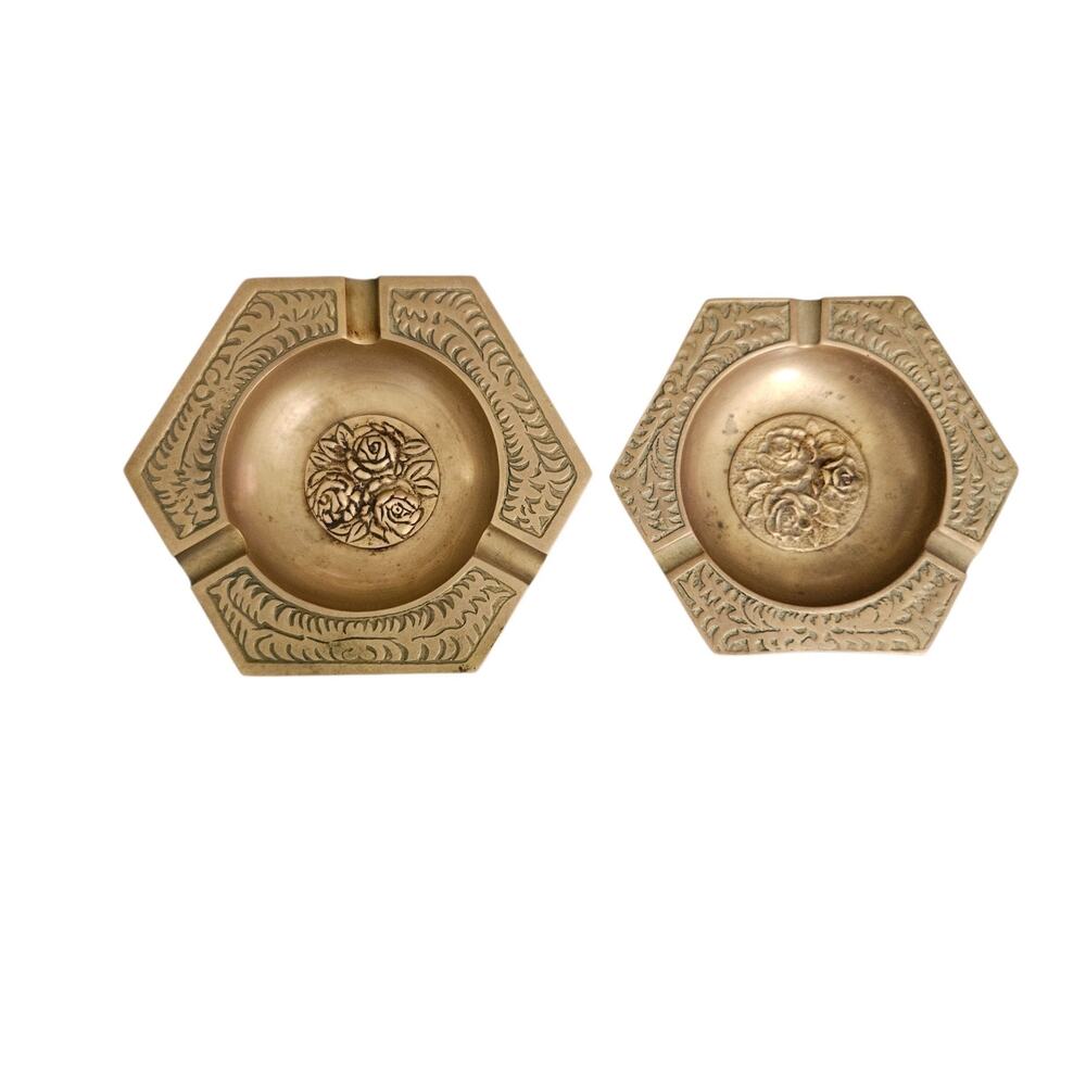 Vintage Brass Hexagon Ashtray Pair Floral Rose Ornate Etched Design